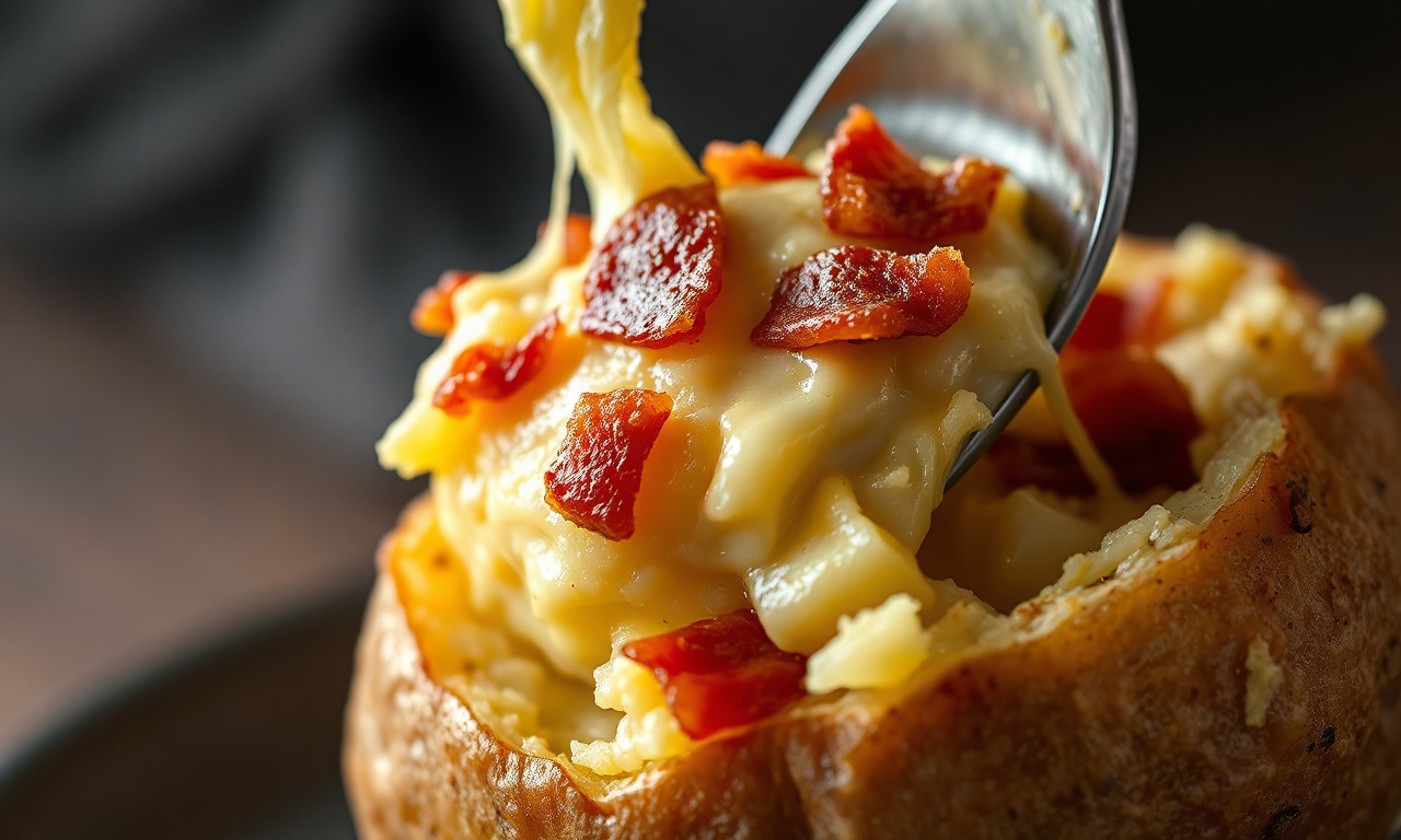 Close-up da textura cremosa do recheio com bacon e cheddar derretido.