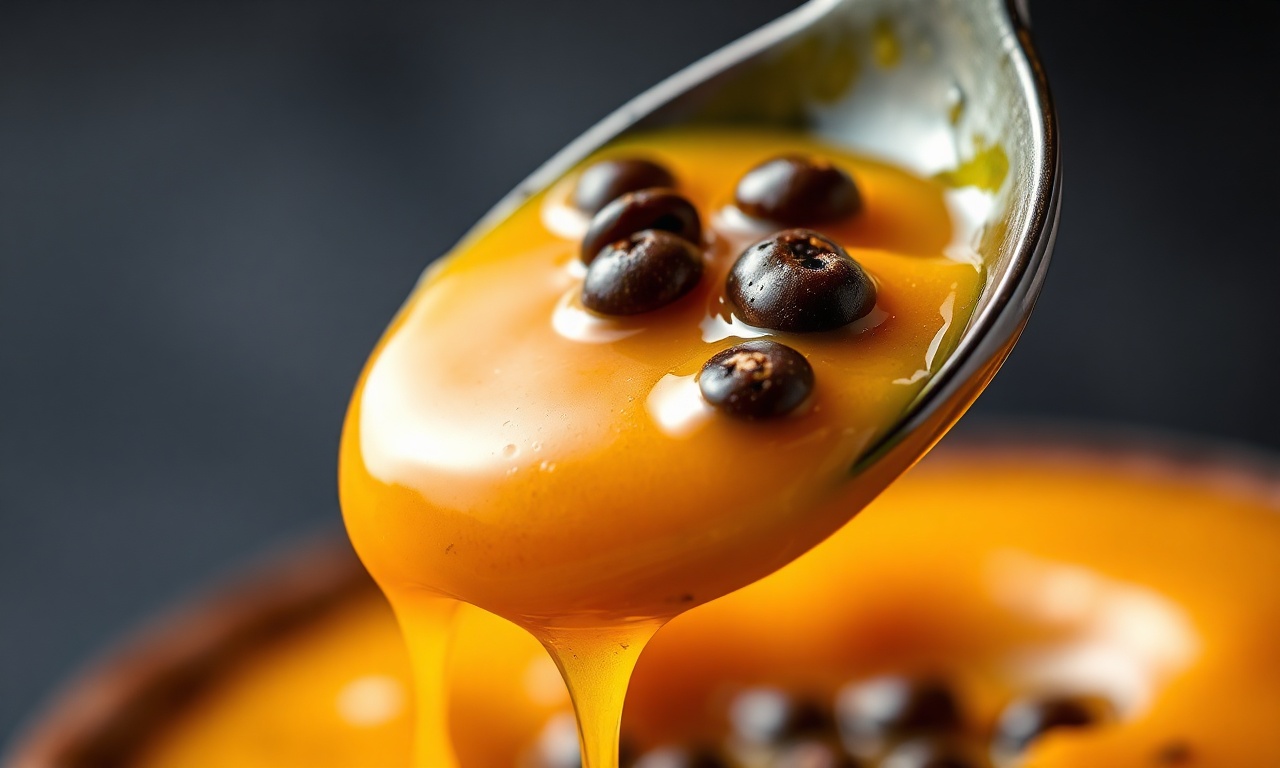 Calda De Maracujá: Fácil, Rápida Com 3 Ingredientes Só 6 Close-up da calda brilhante e espessa, com sementes de maracujá.