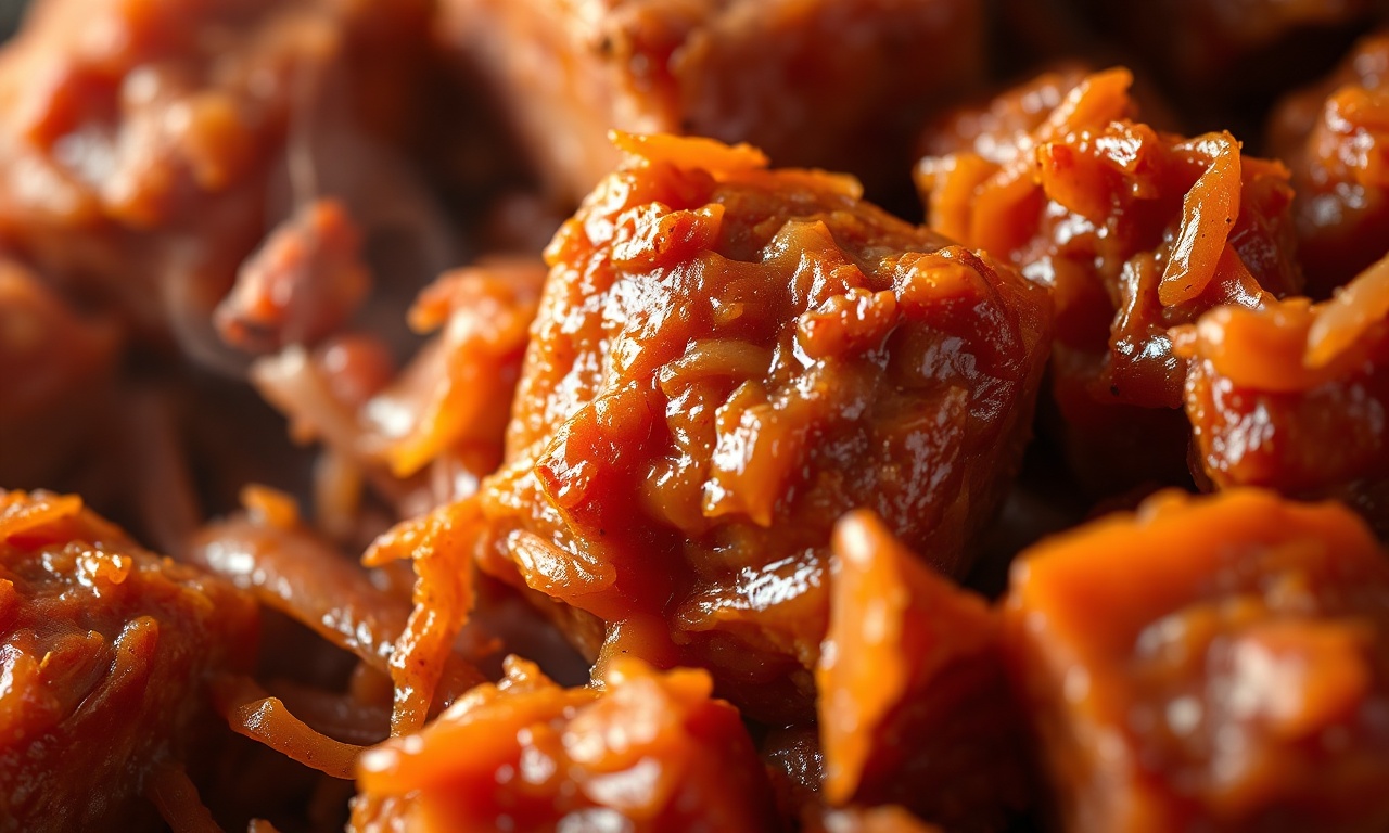 Close-up da textura macia e dourada da carne com o molho.