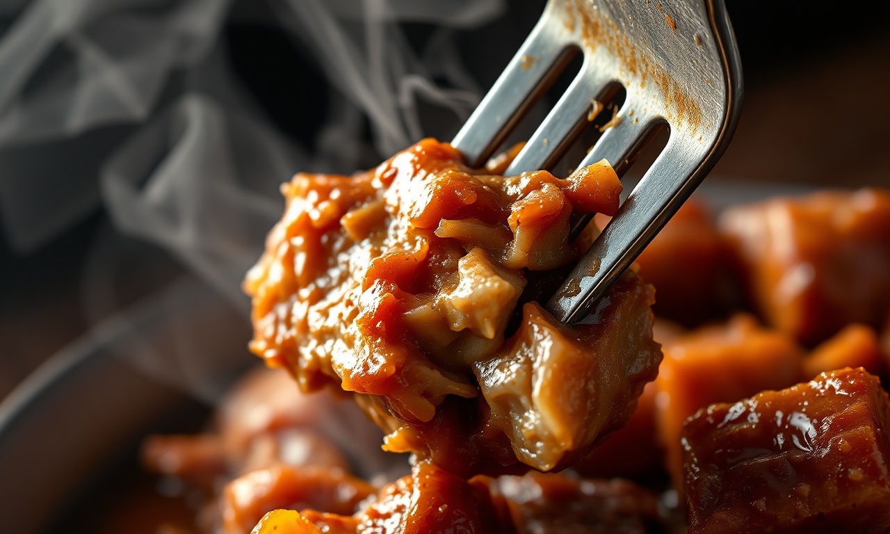 Carne De Porco Na Panela De Pressão: Macia Em 45 Min 6 Close-up da textura macia da carne que desmancha no garfo, com o molho espesso.