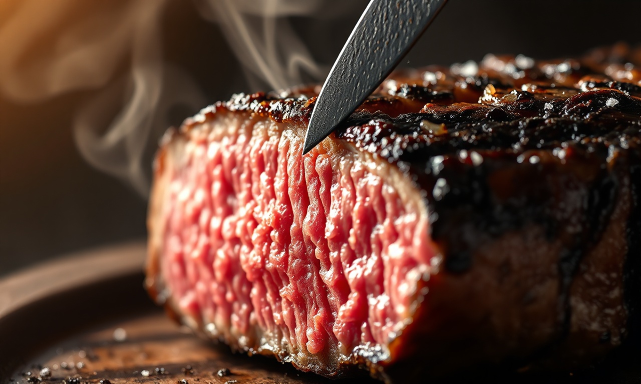 Close-up da textura e suculência da carne assada