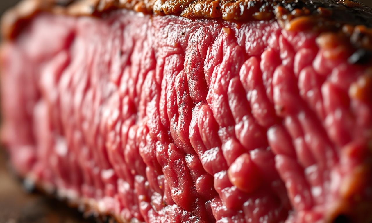 Close-up macro do interior de uma fatia de carne de segunda, mostrando a textura macia e os sucos retidos.