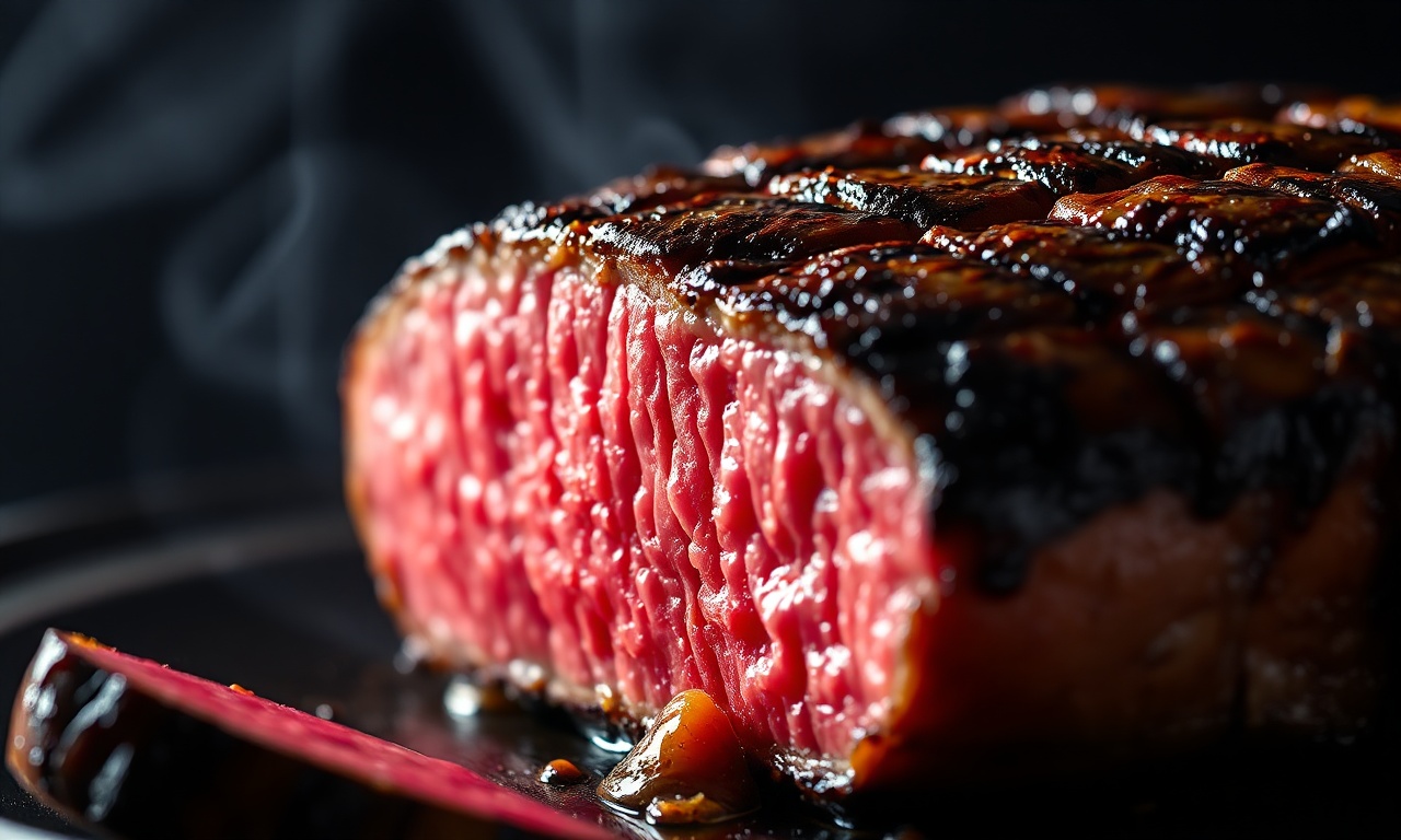 Close-up de uma fatia de picanha grelhada, mostrando o interior rosado e a crosta caramelizada.