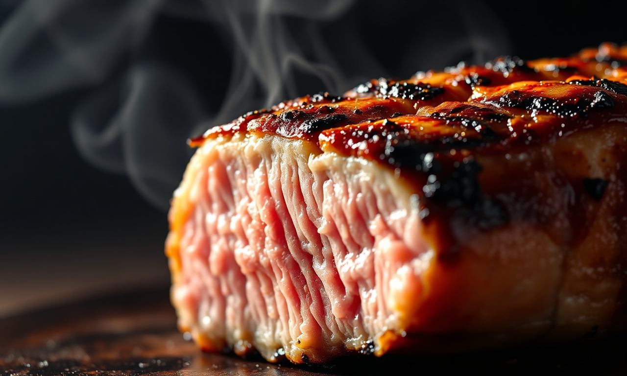 Carne Suína Na Churrasqueira: Suculenta Em 40 Minutos 5 Close-up da textura da carne fatiada, mostrando o contraste entre a casca caramelizada e o interior rosado e suculento.