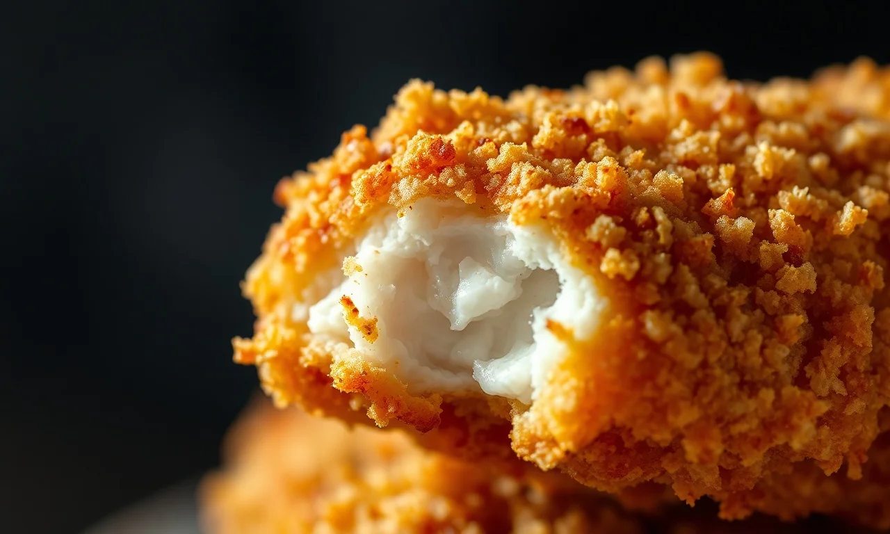 Close-up macro mostrando a textura crujiente e dourada da casca de Panko.