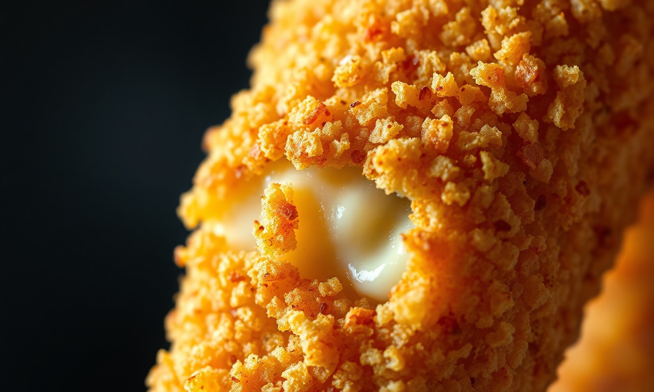 Macro da textura crocante da empanação com queijo derretido.
