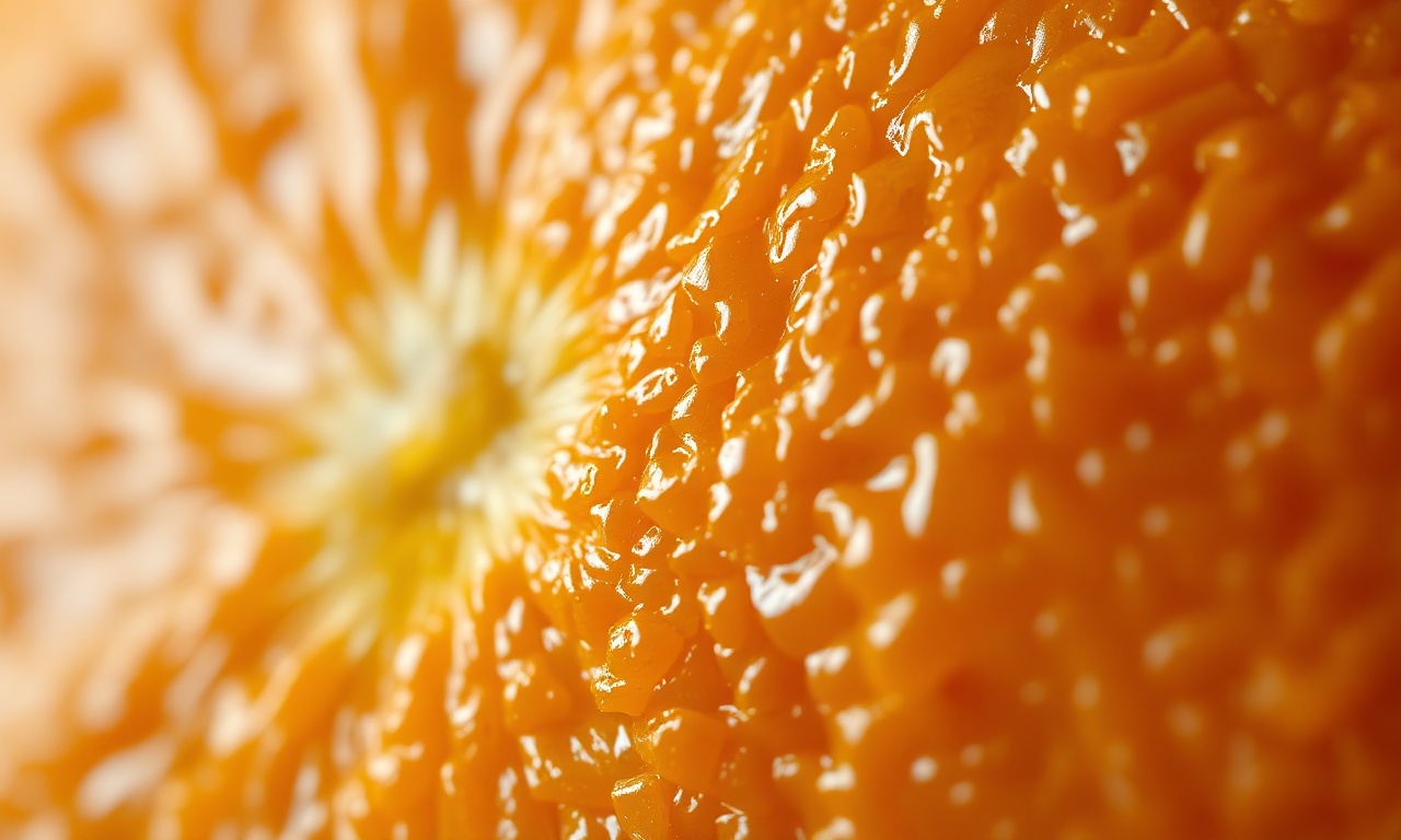 Macro da casca firme e brilhante de uma laranja, mostrando a textura intacta após o armazenamento correto.