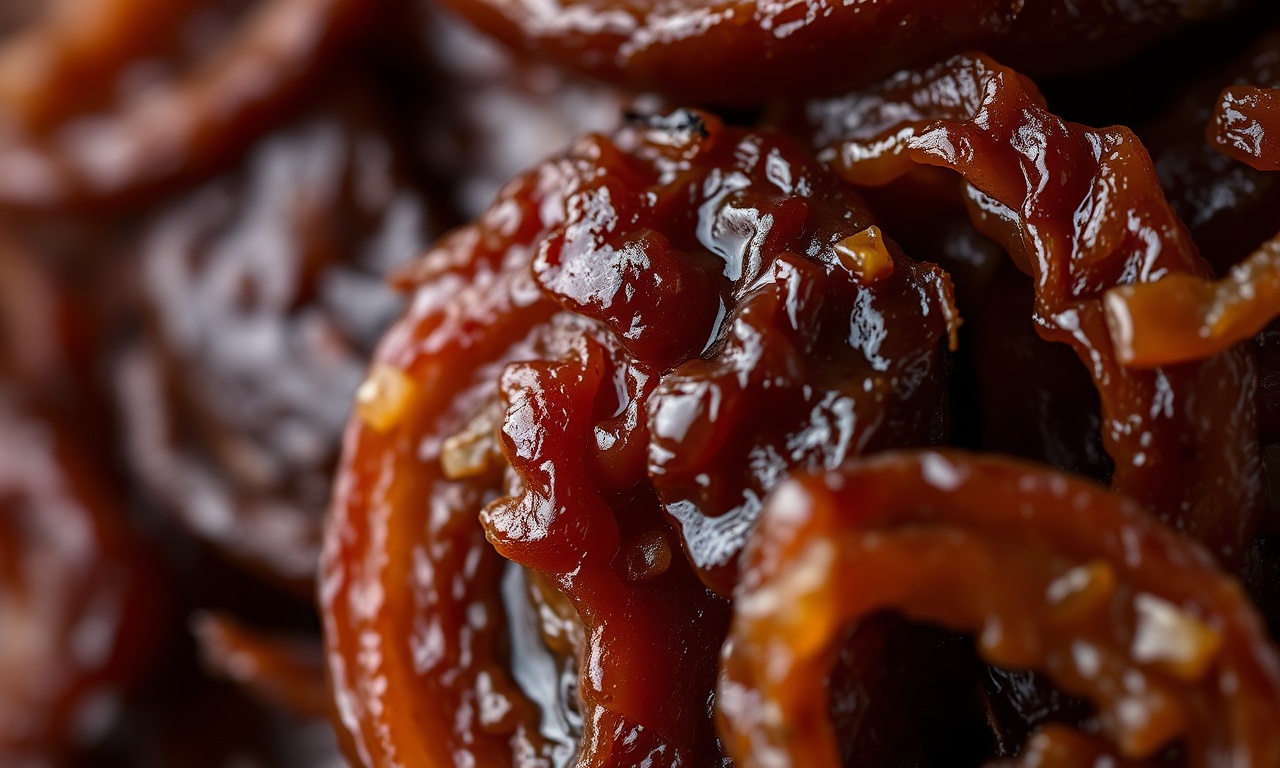 Close-up da textura macia, agridoce e de cor escura das cebolas caramelizadas.