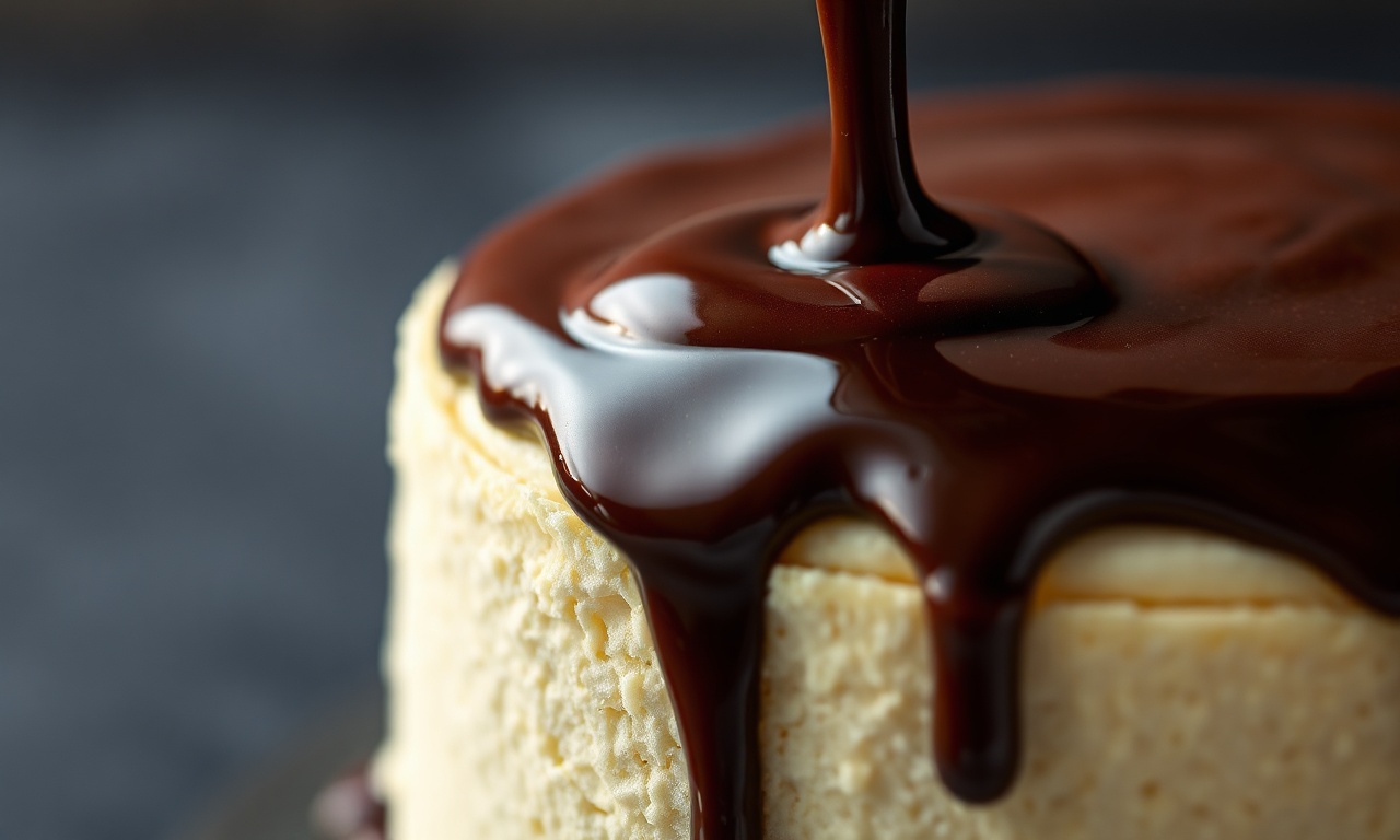 Close-up da textura brilhante e lisa da cobertura de chocolate meio amargo derretido com manteiga, cobrindo o bolo frio.