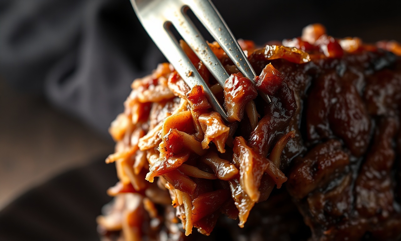 Close-up da carne macia se desfiando com garfo