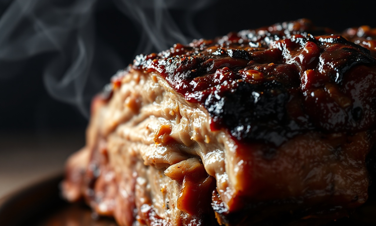 Close-up da crosta caramelizada e da carne macia se desfazendo.