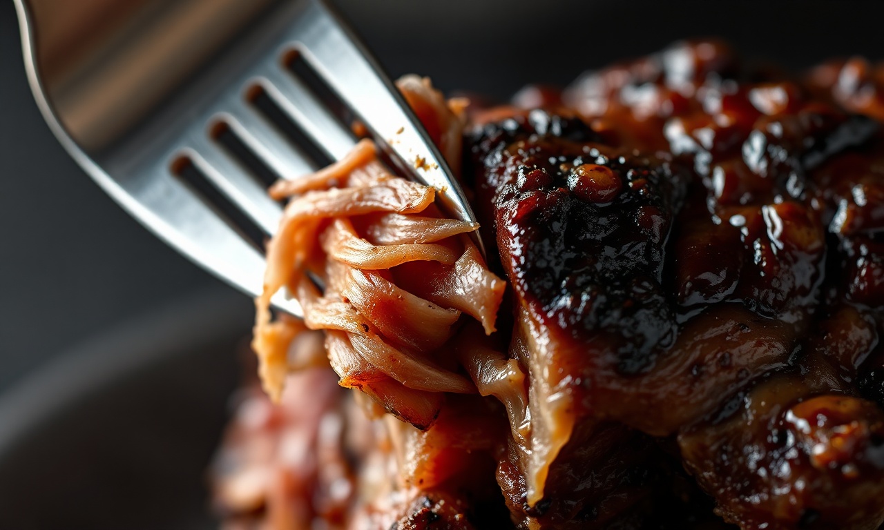 Close-up da textura macia da carne desfiando e da crosta caramelizada.
