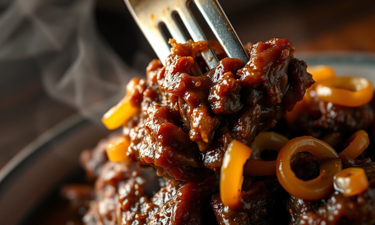 Close-up da textura macia da carne desmanchando com cebolas caramelizadas