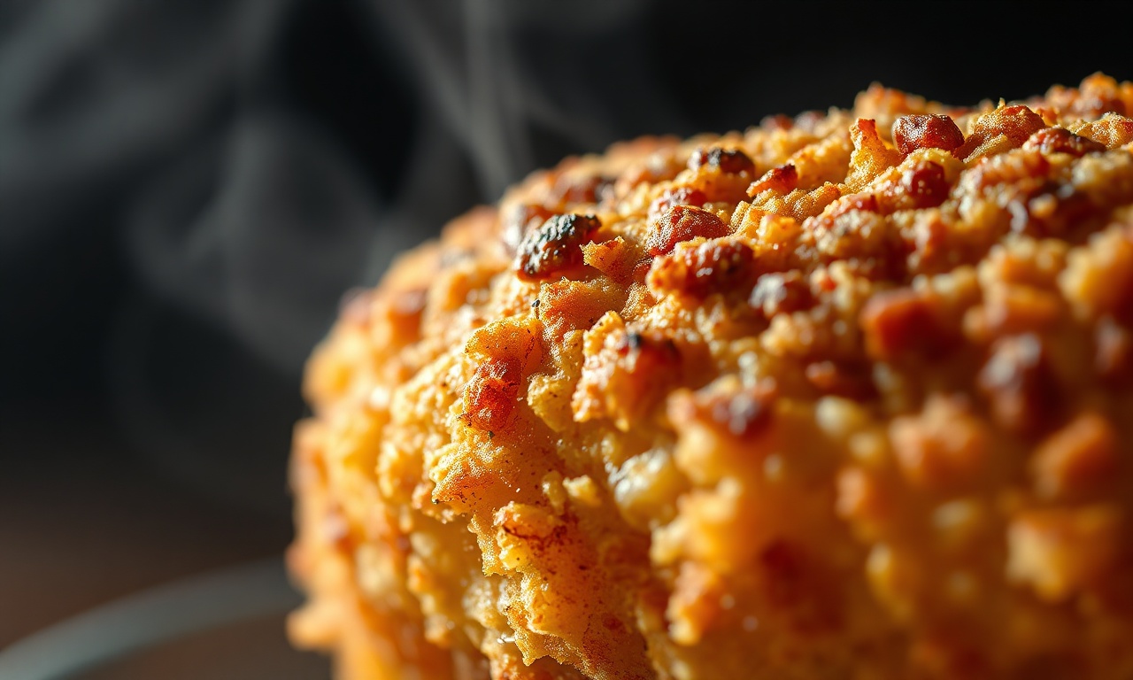 Frango Na Frigideira Perfeito: Crocante Por Fora, Macio Por Dentro 5 Close-up macro da textura crocante e irregular da casca empanada do frango.
