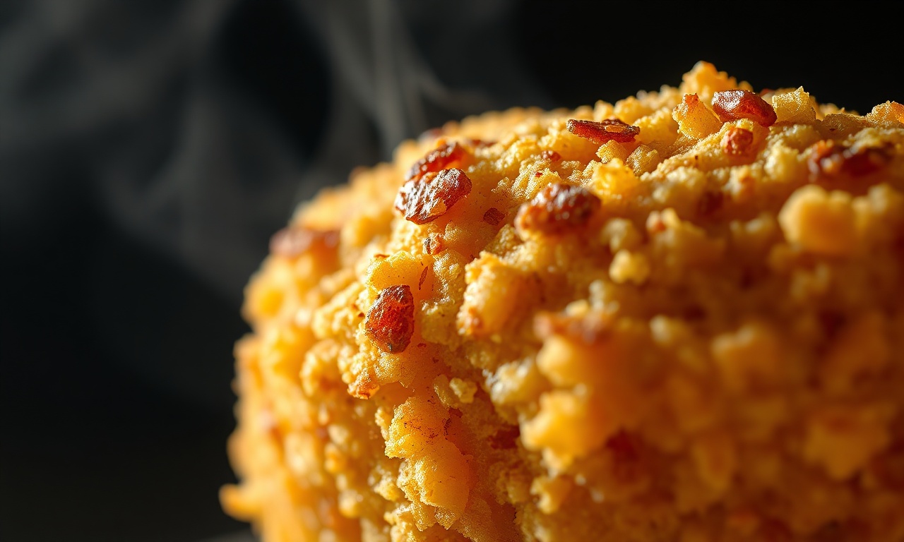 Close-up macro da textura crocante e dourada da empanada de um nugget assado.