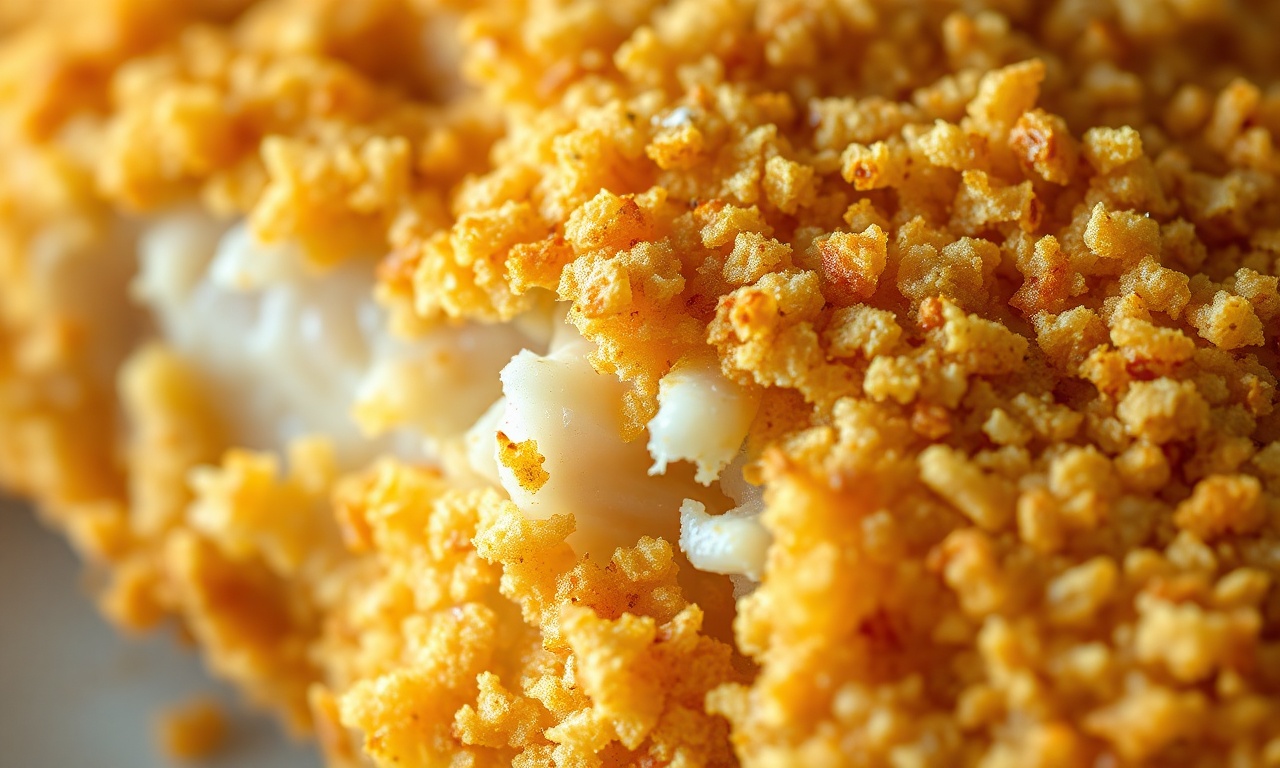 Filé De Peixe À Milanesa Crocante Com Panko Em 30 Minutos 6 Close-up macro da textura da crosta de panko dourada.