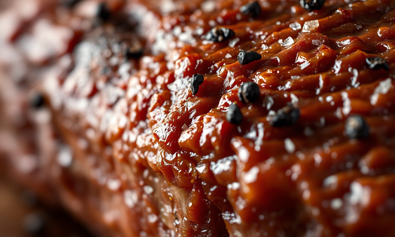 Close-up macro da textura da crosta dourada e caramelizada da carne assada, com grãos de sal e pimenta visíveis.