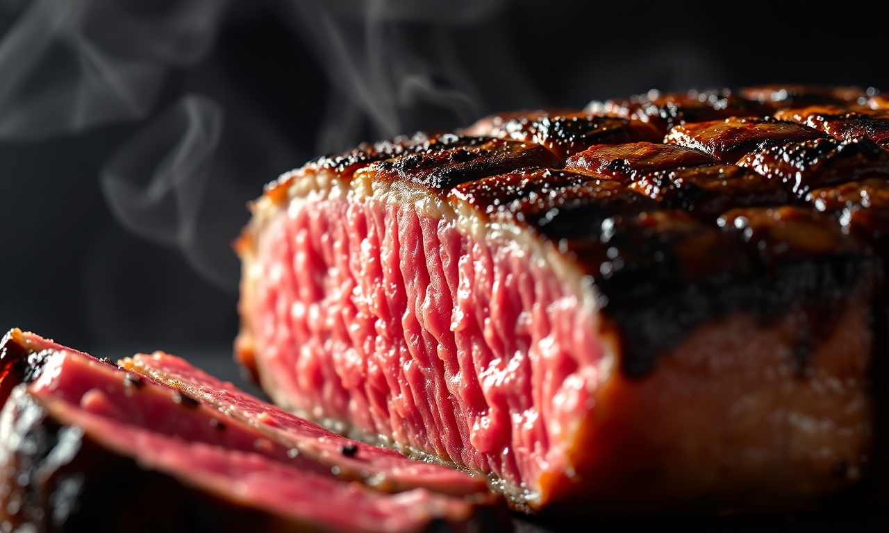 Como Temperar Carne Para Churrasco: Dicas Para Ficar Macia 5 Close-up da textura da crosta dourada e do interior suculento.