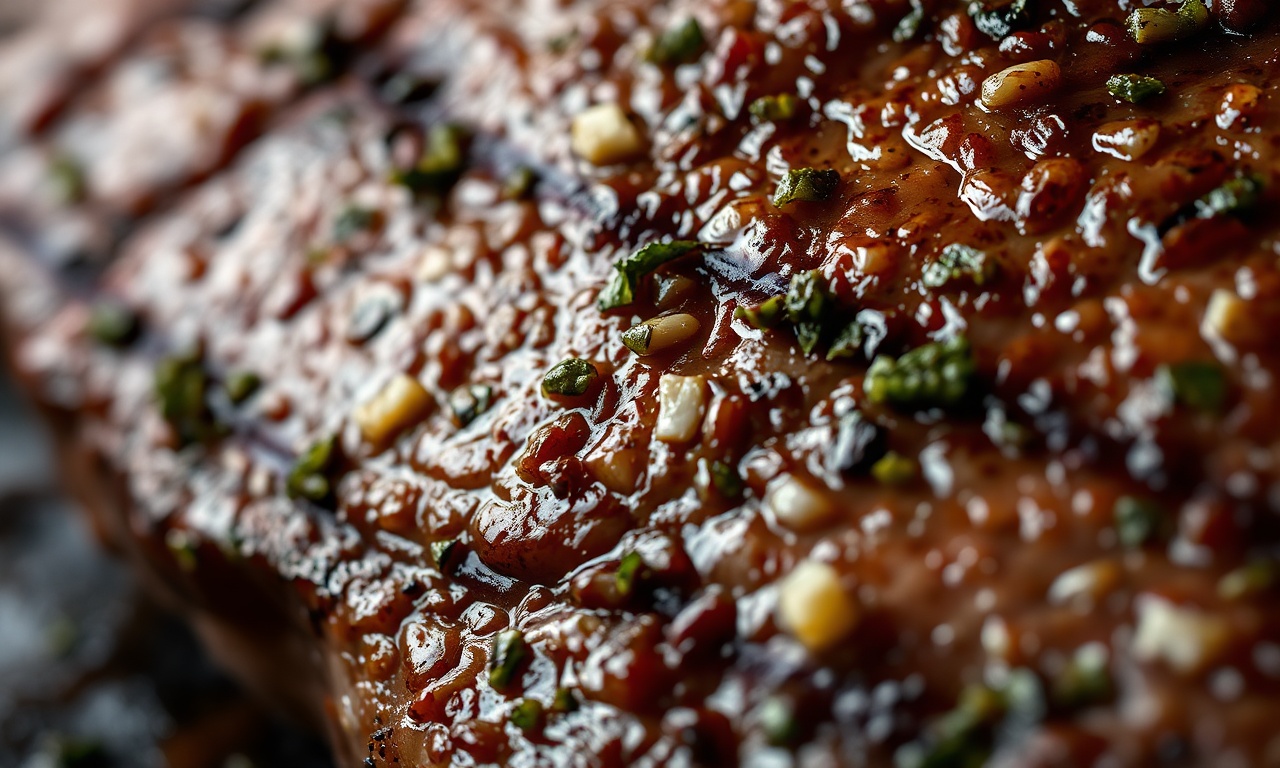 Close-up macro da textura da crosta aromática de orégano e alho sobre a carne.
