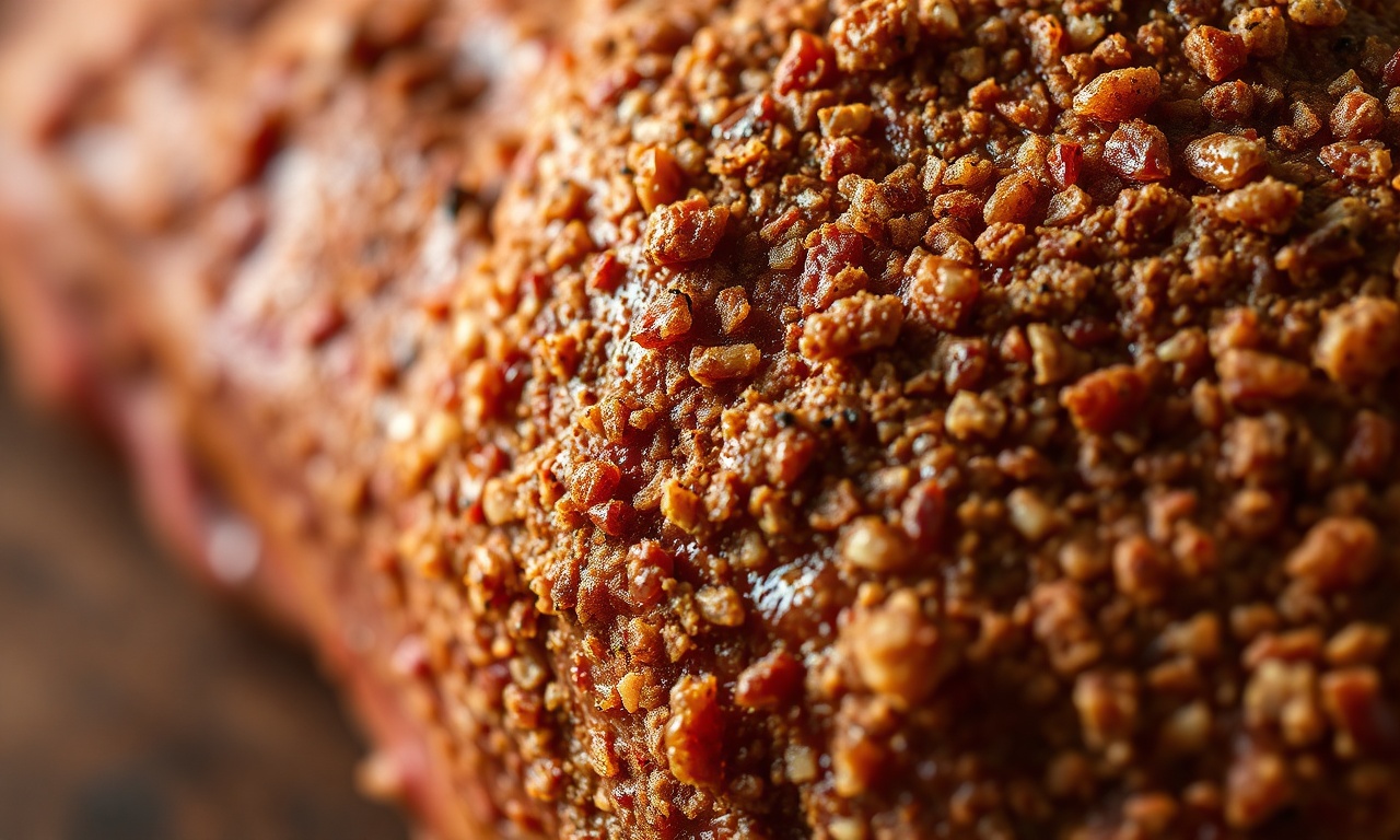 Macro da textura granular e crocante do dry rub aplicado na carne antes de cozinhar.