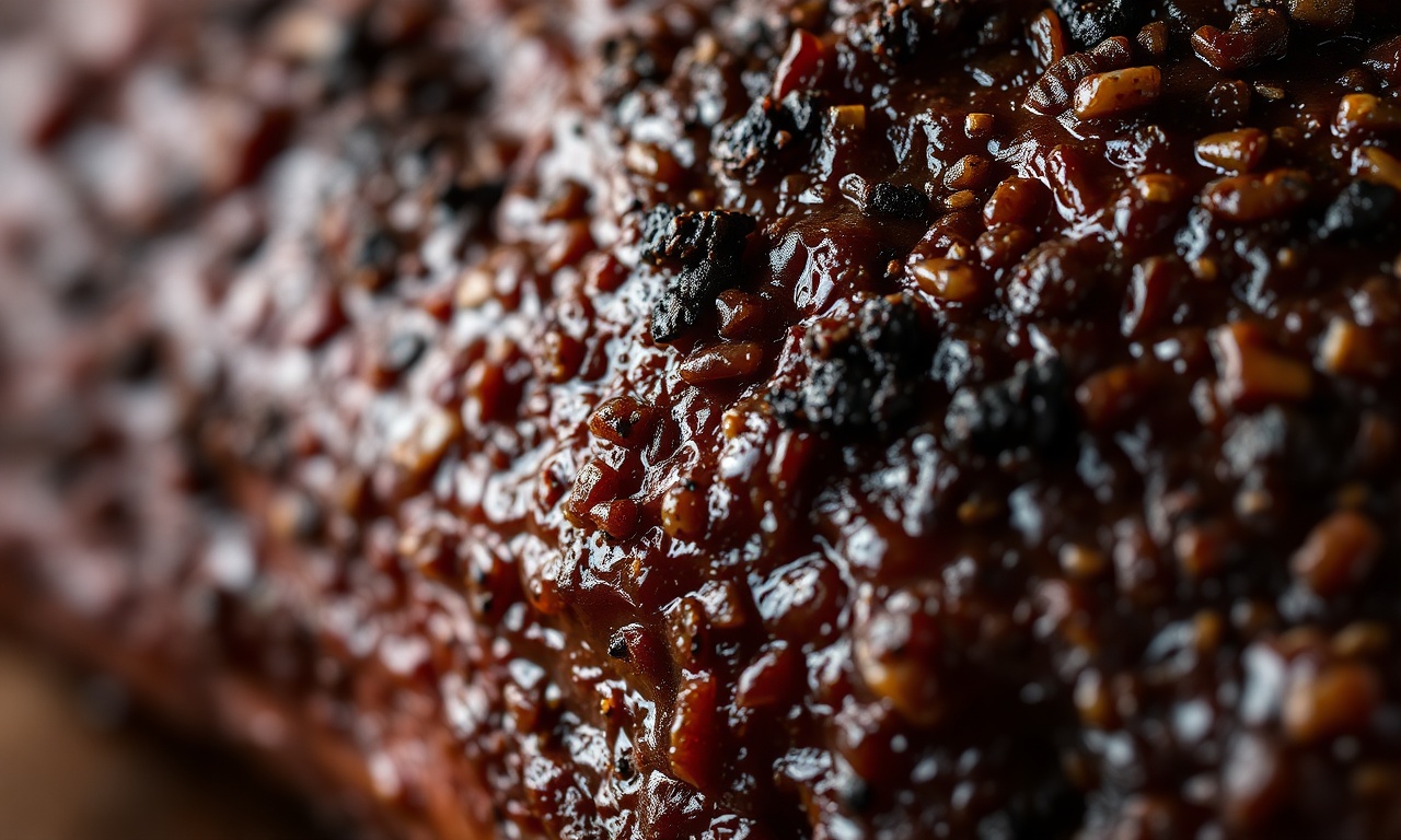 Close-up da textura crocante do tempero na carne.