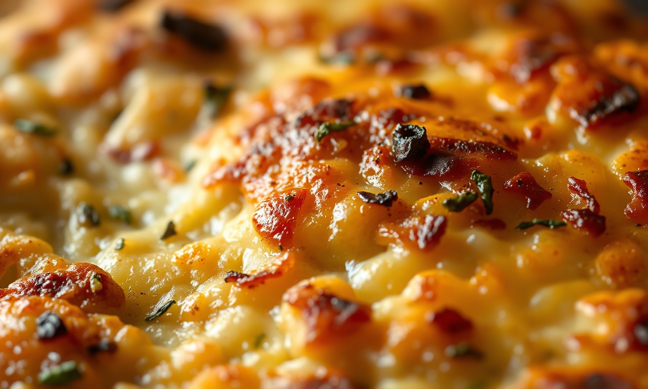 Macro da textura crocante e dourada do queijo gratinado.