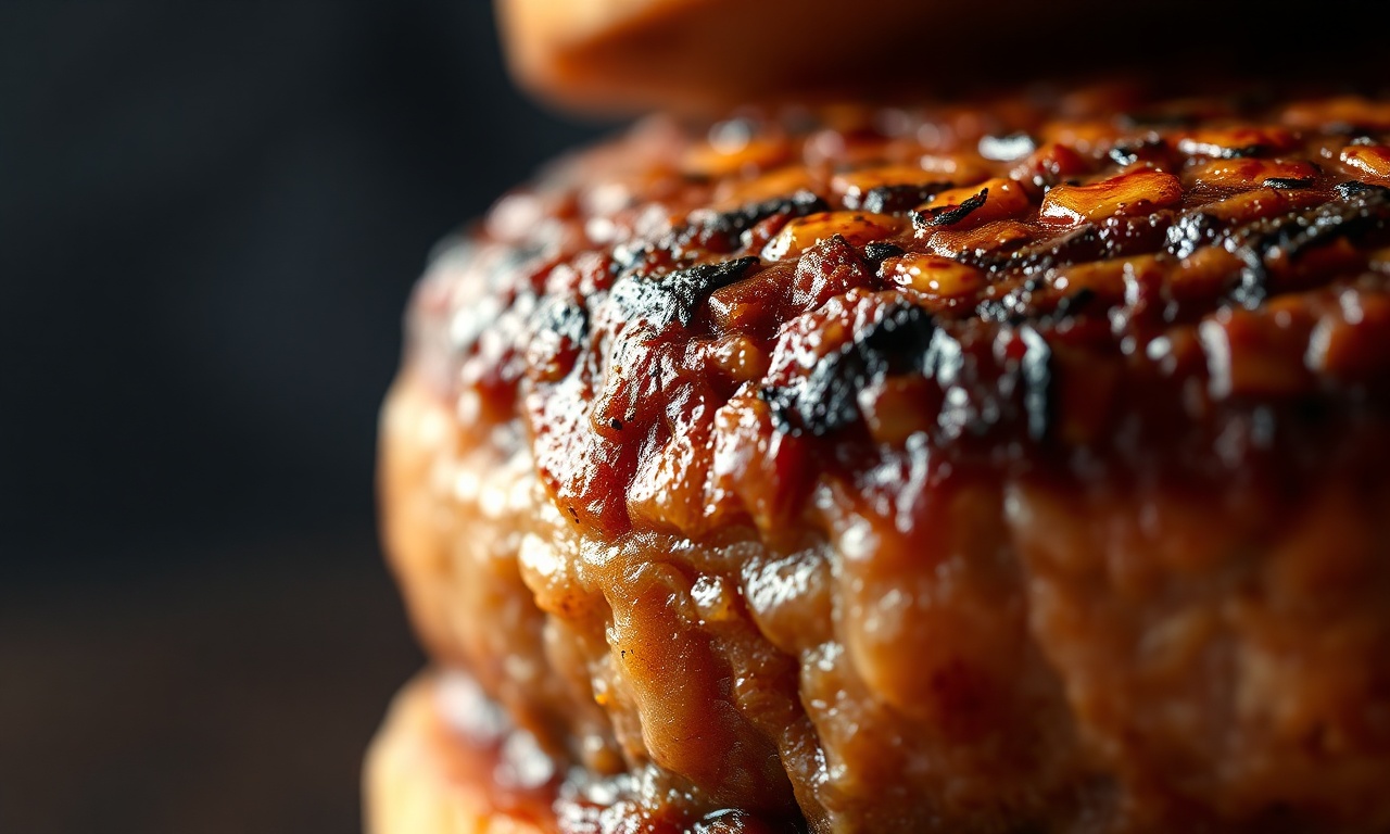 Close-up macro da textura da crosta dourada e caramelizada da carne.