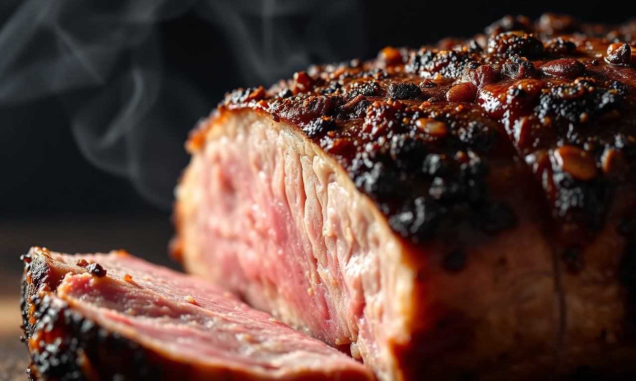 Close-up da textura crocante e dourada do tempero caramelizado na carne fatiada.