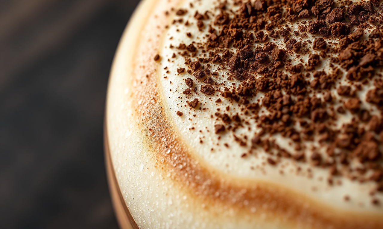 Close-up da textura densa e aveludada da espuma do cappuccino.