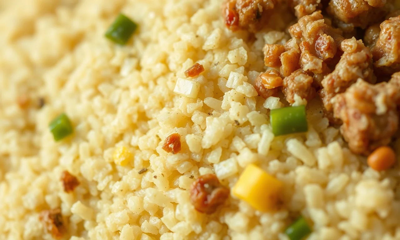 Farofa De Carne Moída Fofa E Solta Em 25 Min (7 Ingredientes) 5 Close-up mostrando os grãos soltos e a textura úmida.