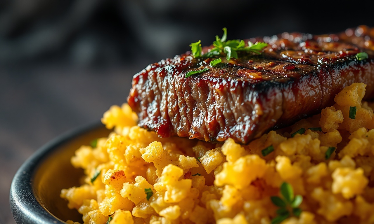 Close-up da textura crocante da farofa e da carne macia.