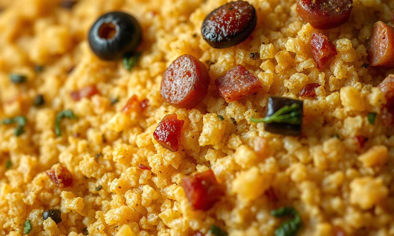 Close-up da textura soltinha e crocante da farofa, com os ingredientes visíveis.