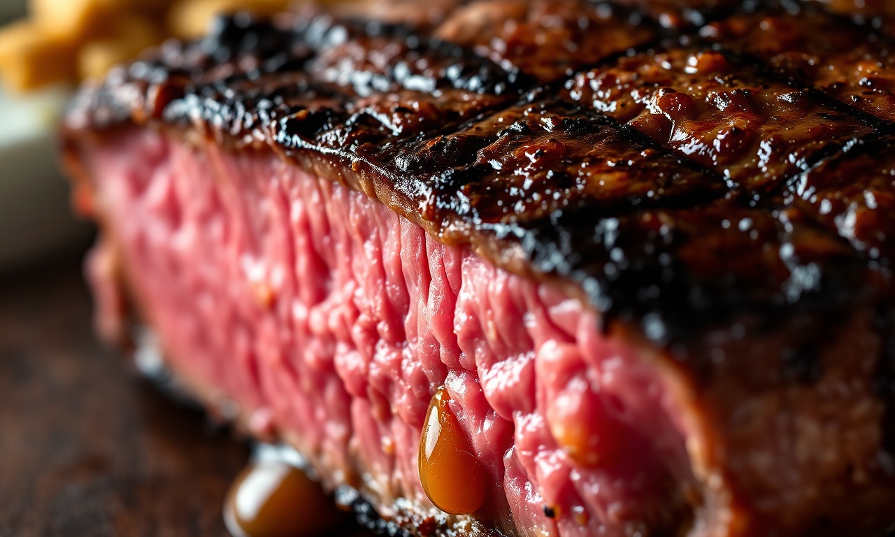 Close-up da textura da crosta e do ponto da carne.
