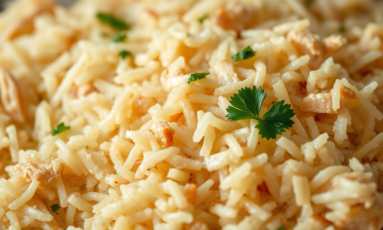 Close-up da textura do arroz soltinho e do frango macio.