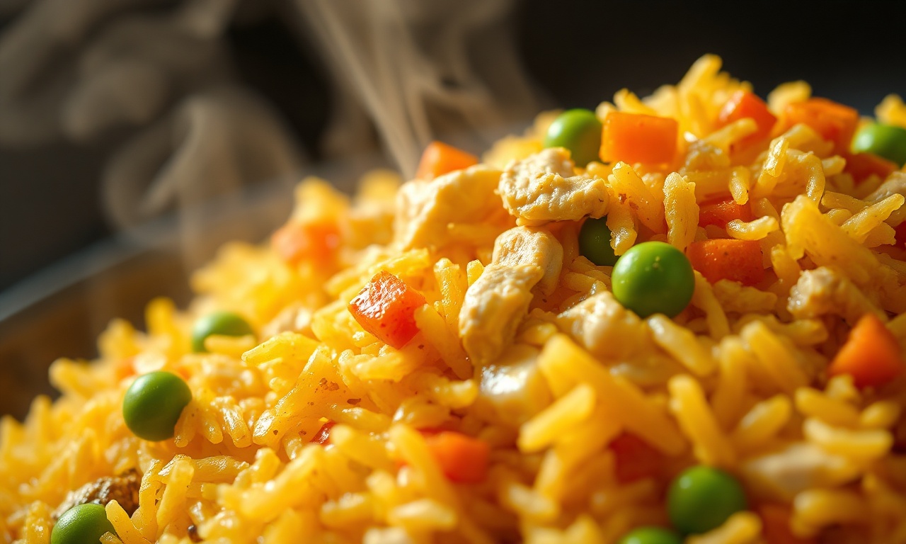 Close-up do arroz dourado e soltinho com pedaços de frango e legumes visíveis.
