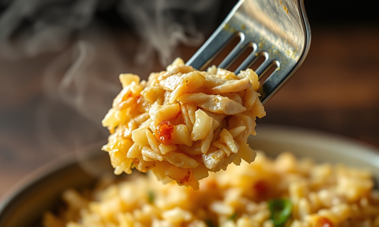Close-up da textura do arroz molhadinho e do frango desfiando.