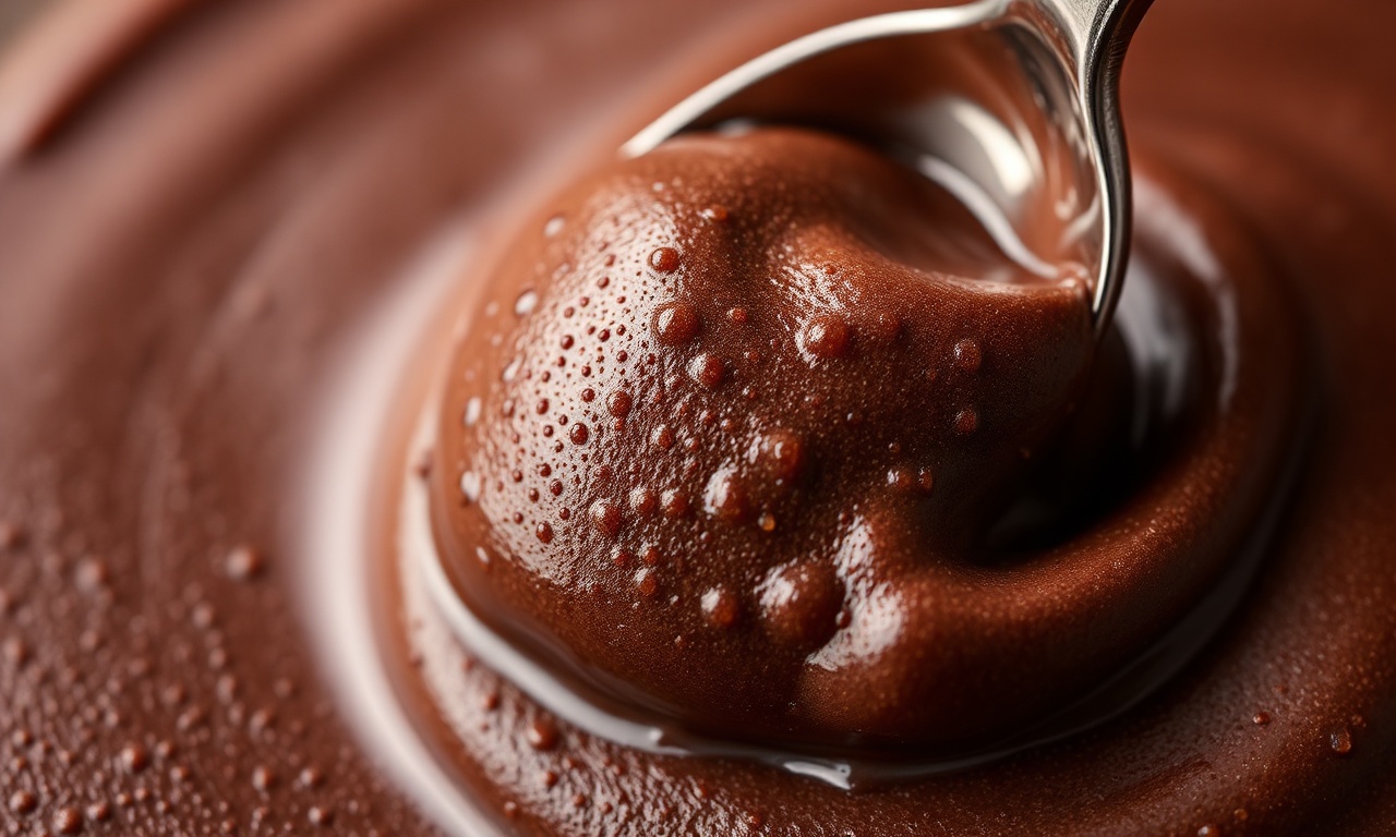 Close-up da textura de mousse da ganache, mostrando a leveza e o brilho.