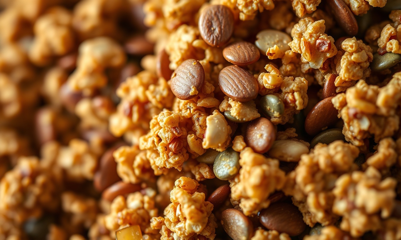 Close-up da textura da granola reativada, mostrando a crocância e os flocos dourados.