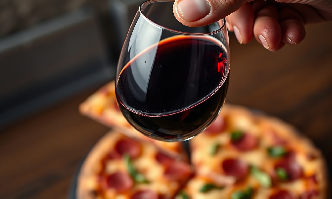 O gole perfeito: a taça de vinho tinto sendo erguida em primeiro plano, com uma fatia de pizza ao fundo.