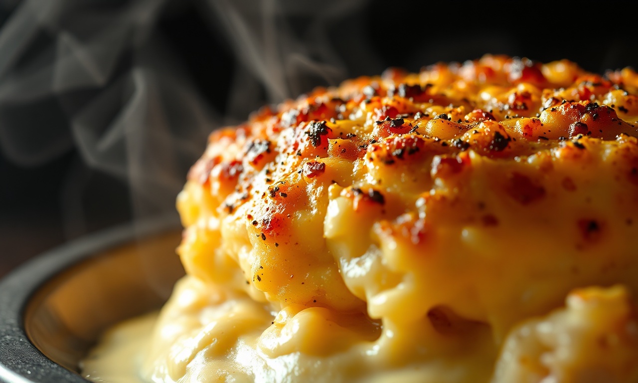 Receita De Lagosta Thermidor Cremosa Para Jantar Especial 5 Close-up do queijo gratinado borbulhante e da textura cremosa do molho.