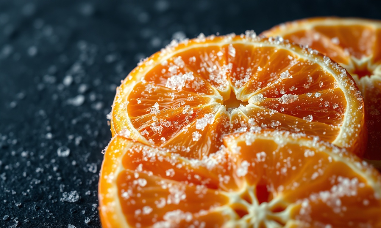 Close-up de fatias de laranja congeladas com cristais de gelo visíveis.