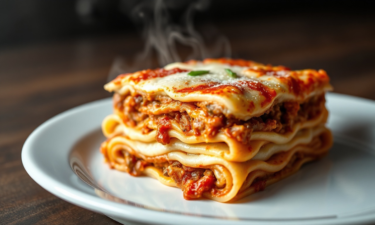 Lasanha Para 4 Pessoas: Receita Perfeita E Sem Erros 5 Close-up de uma fatia de lasanha no prato, mostrando as camadas definidas de massa, o molho bolonhesa com pedaços de carne, o molho branco cremoso e o queijo derretido puxando.