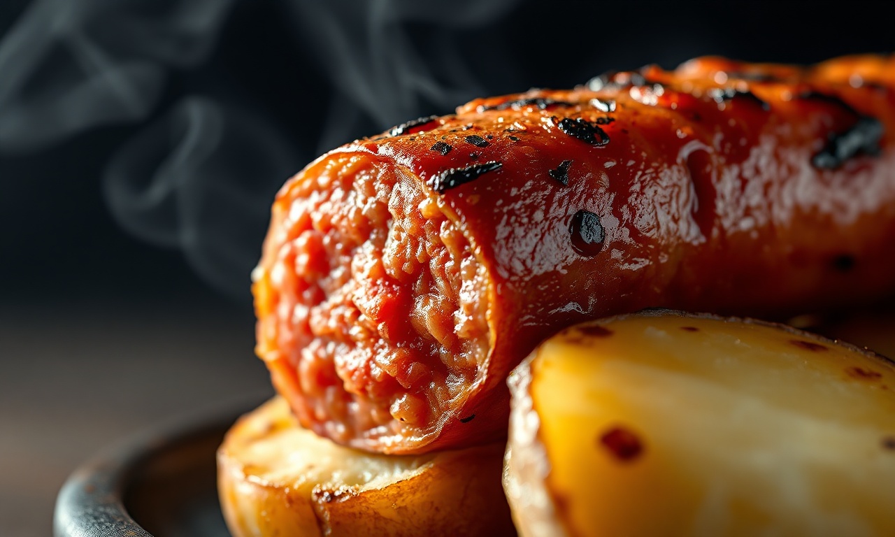 Close-up da linguiça estourada e da batata com crosta dourada.