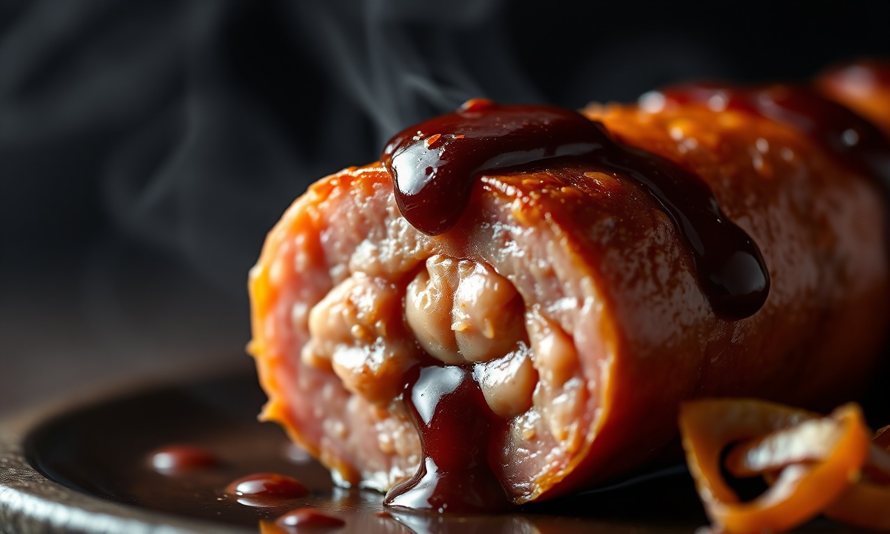 Close-up de uma linguiça cortada ao meio, mostrando a textura macia e suculenta do interior, com o molho de cebola escorrendo.