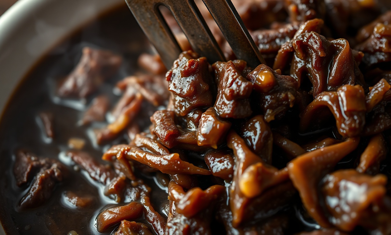Maminha Na Cerveja Preta: Receita Fácil E Suculenta 5 Close-up da textura macia e desfiada da carne coberta pelo molho.