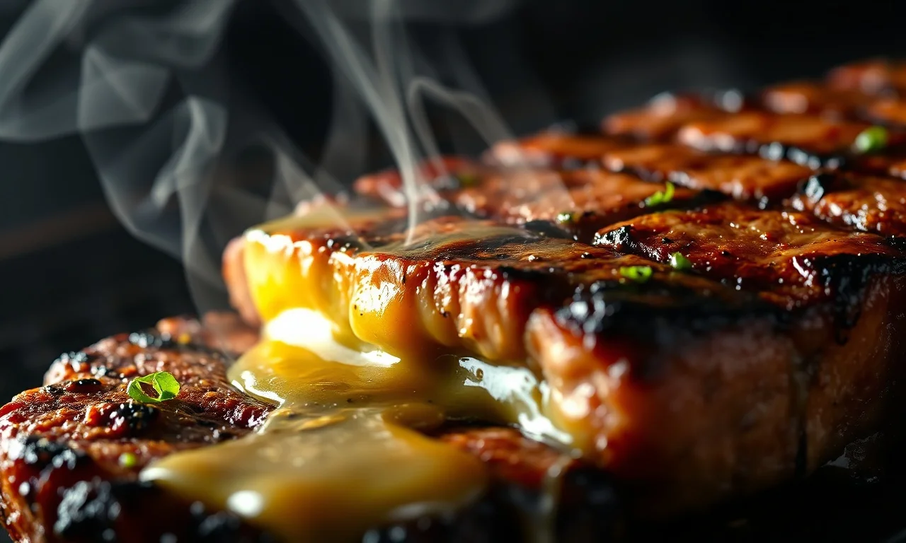 Close-up da manteiga derretendo sobre carne quente