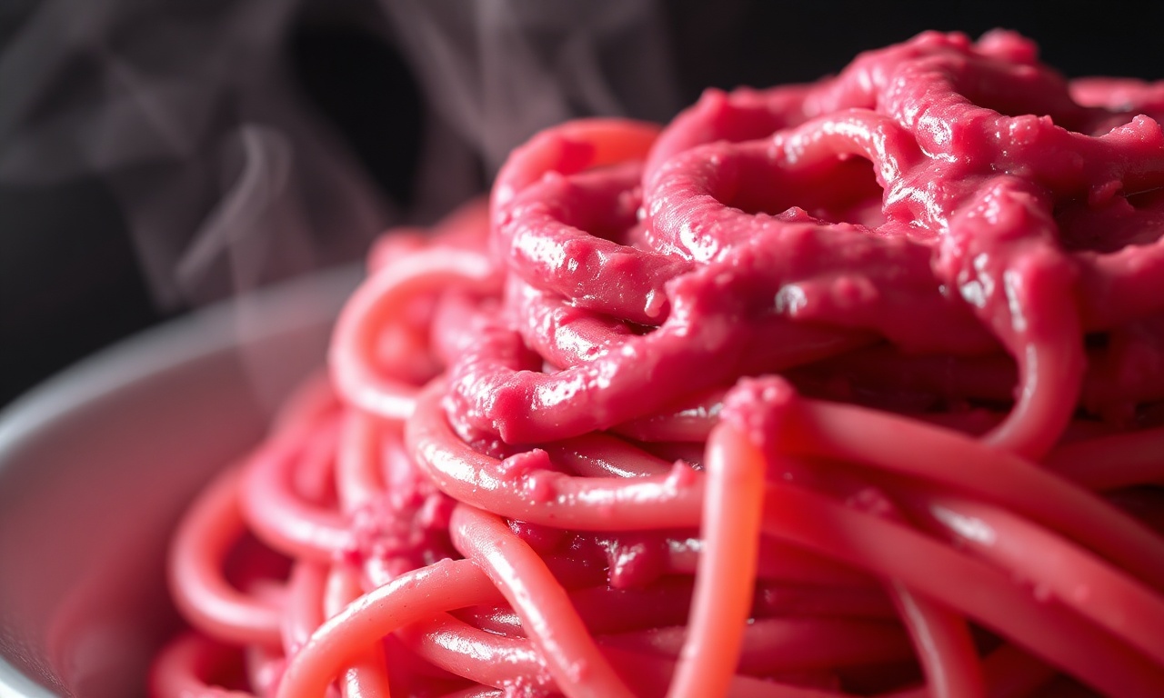 Close-up dos fios de fettuccini cobertos pelo molho aveludado e rosado.