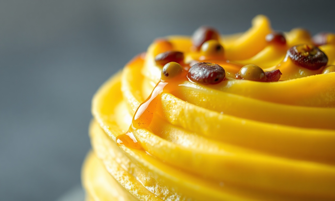 Close-up da textura aerada e cremosa da mousse, com gotículas de suco de maracujá.