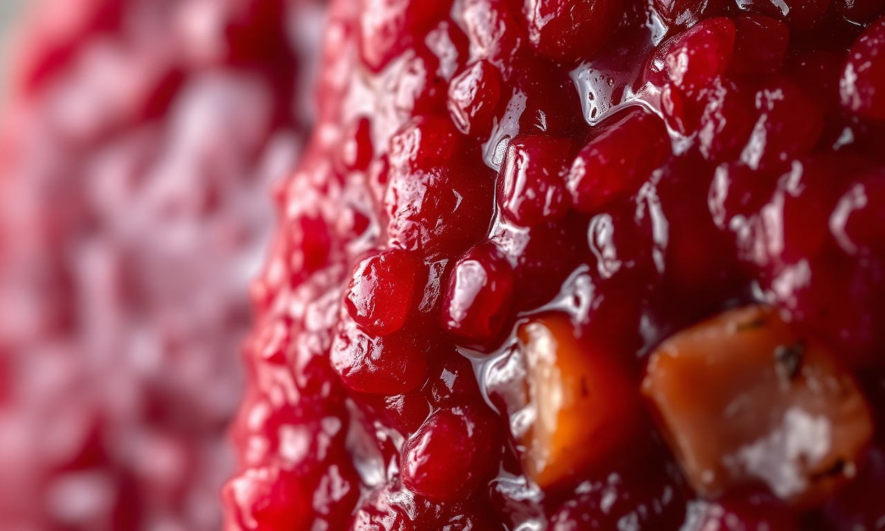 Close-up da textura firme com pedaços de frutas secas visíveis e cor rubra intensa.