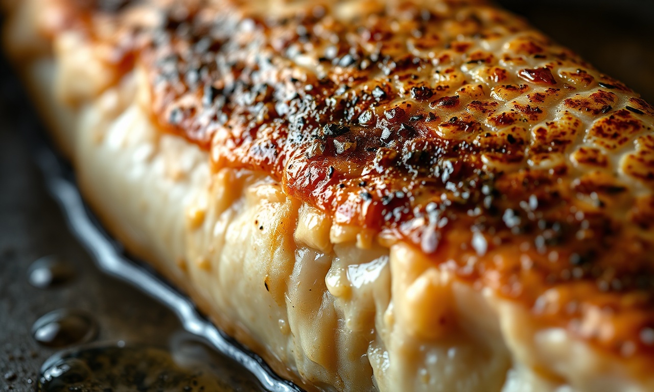 Close-up da pele dourada e estalante com lascas de carne macia visíveis.